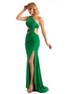 Elegant Mermaid One Shoulder Side Slit Stretchy Jersey Long Formal Bridesmaid Dresses