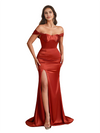 Sexy Off The Shoulder Unique Satin Mermaid Long Bridesmaid Dresses Side Split