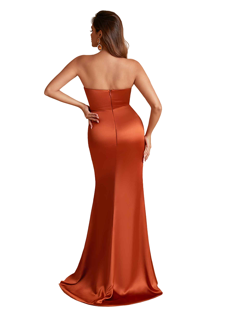 Sexy Mermaid Strapless Silky Satin Long Bridesmaid Dresses Side Split