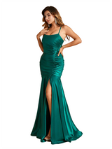 Sexy Mermaid Spaghetti Straps Side Slit Ruched Soft Satin Pretty Long Bridesmaid Dresses