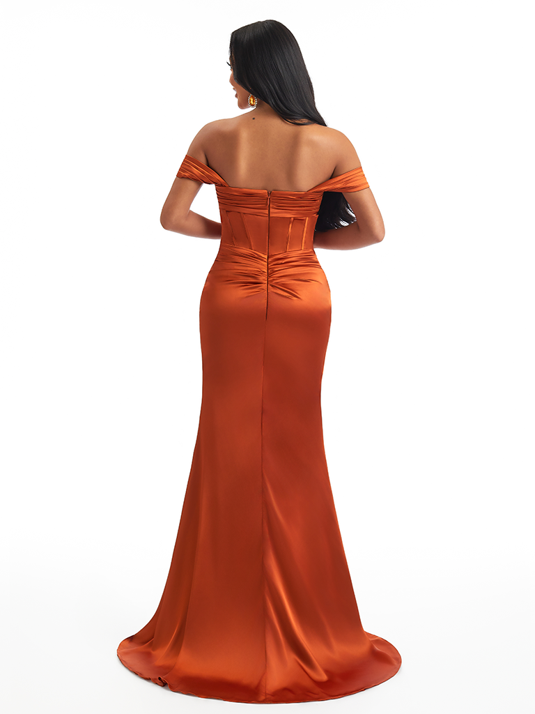 Sexy Off The Shoulder Side Split Mermaid Soft Satin Pretty Long Bridesmaid Dresses