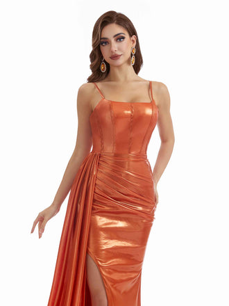 Elegant Mermaid Spaghetti Straps Metallic Stretch Shiny Fabric Long Bridesmaid Dresses Online