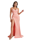 Sexy Spaghetti Straps Mermaid Silky Satin Unique Long Bridesmaid Dresses Side Slit