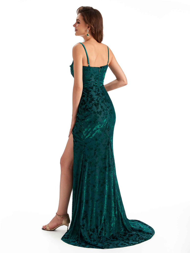 Sexy Spaghetti Straps Side Slit Mermaid Floral Velvet Long Bridesmaid Dresses Online