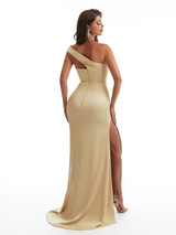 Sexy One Shoulder Side Slit Mermaid Soft Satin Long Bridesmaid Dresses Online
