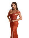 Sexy Satin Off The Shoulder Lace Mermaid Long Bridesmaid Dresses Slit
