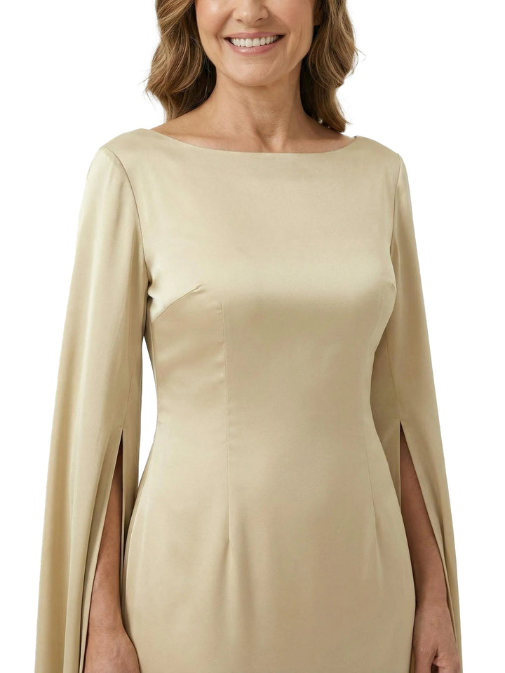 Chicsew Mother of The Groom Dress Elegant Scoop Long Sleeve Satin Unique Classy Formal Wedding Event Gown