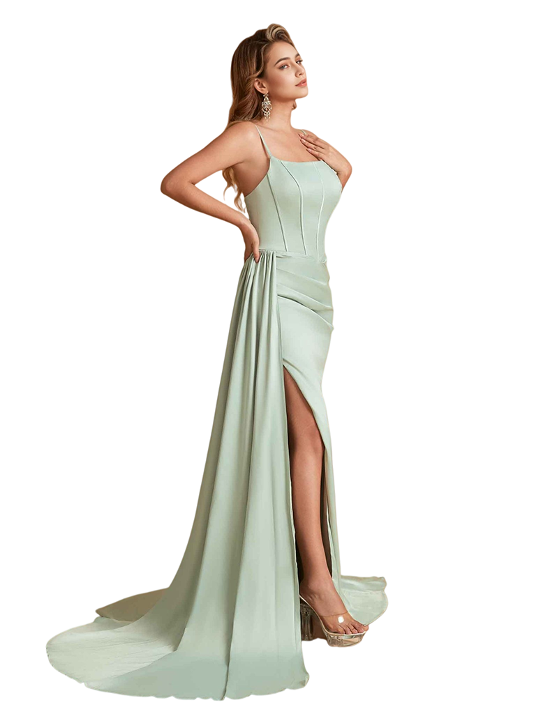 Elegant Spaghetti Straps Boning Soft Satin Mermaid Side Slit Long Bridesmaid Dresses
