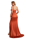 Elegant Silky Satin One Shoulder Mermaid Side Slit Long Pleated Bridesmaid Dresses Online
