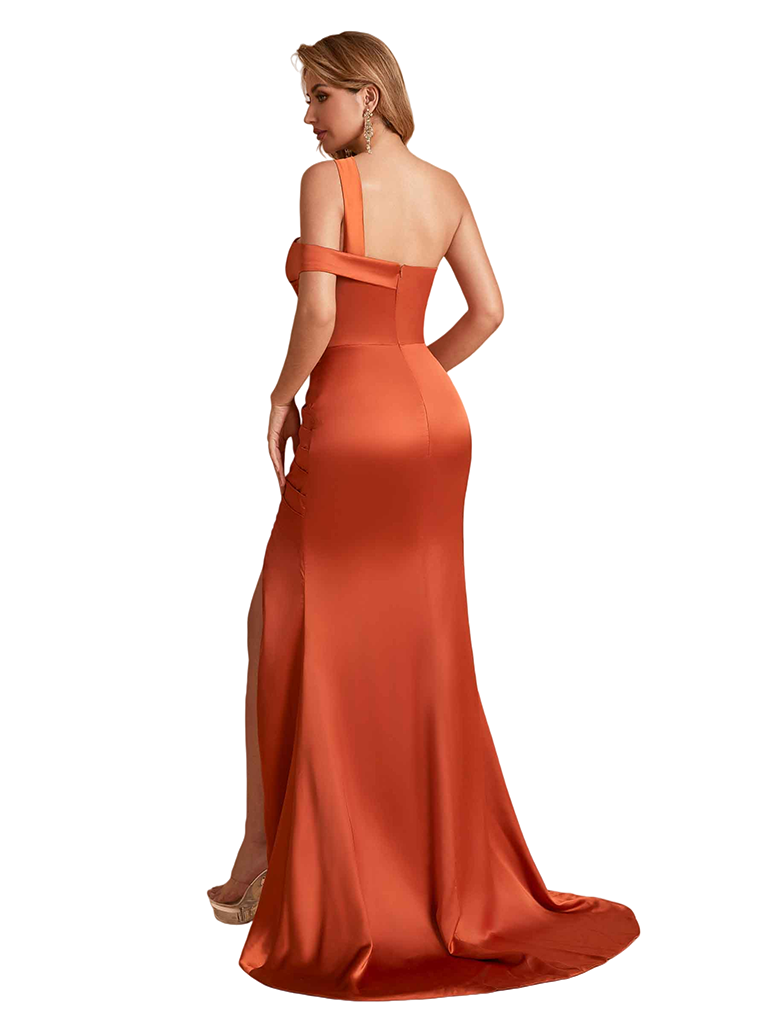 Elegant Silky Satin One Shoulder Mermaid Side Slit Long Pleated Bridesmaid Dresses Online