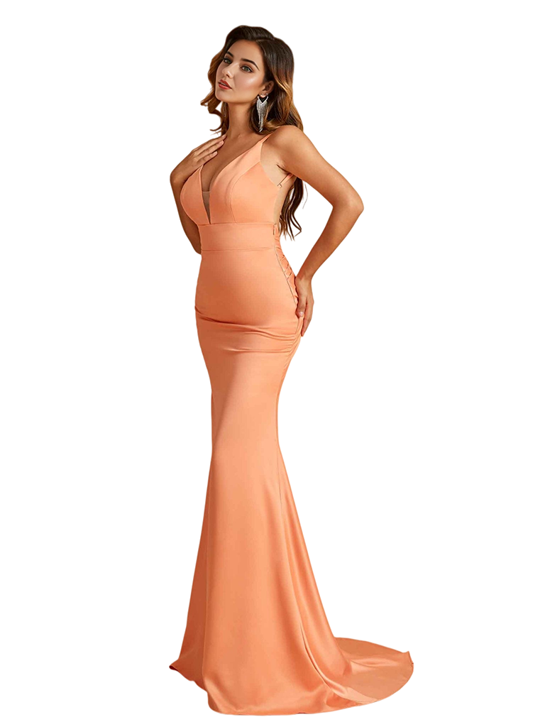 Simple V-Neck Spaghetti Straps Open Back Mermaid Soft Satin Long Bridesmaid Dresses