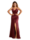 Sexy Spaghetti Straps Mermaid Side Slit Formal Soft Satin Long Bridesmaid Dresses