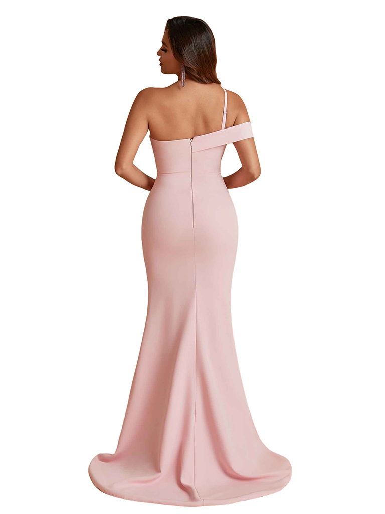 Elegant One Shoulder Mermaid Handmade Flower Satin Long Bridesmaid Dresses Side Split