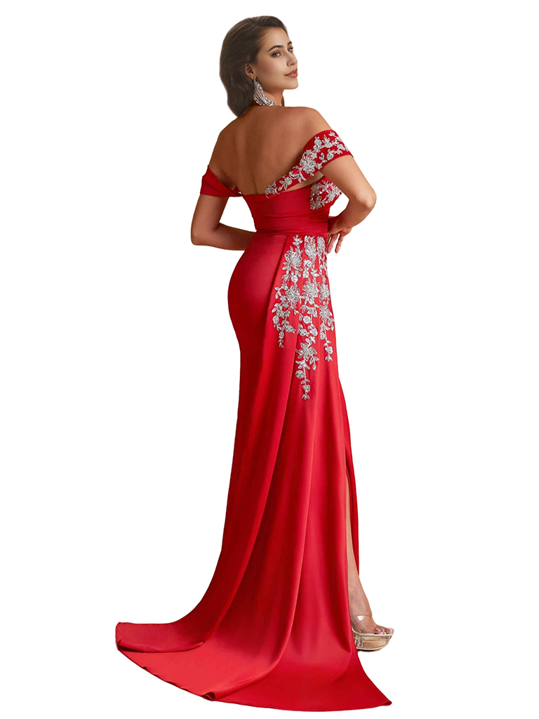 Luxury Sexy Off The Shoulder Lace Silky Satin Long Bridesmaid Dresses Side Slit