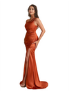 Modern One Shoulder Mermaid Ruched Satin Pretty Long Bridesmaid Dresses Side Split