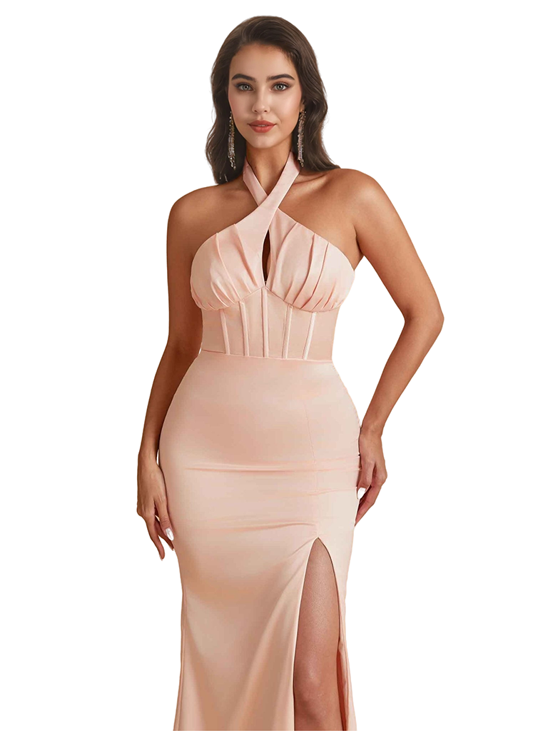 Sexy Halter Mermaid Silky Satin Unique Long Bridesmaid Dresses Online Side Slit