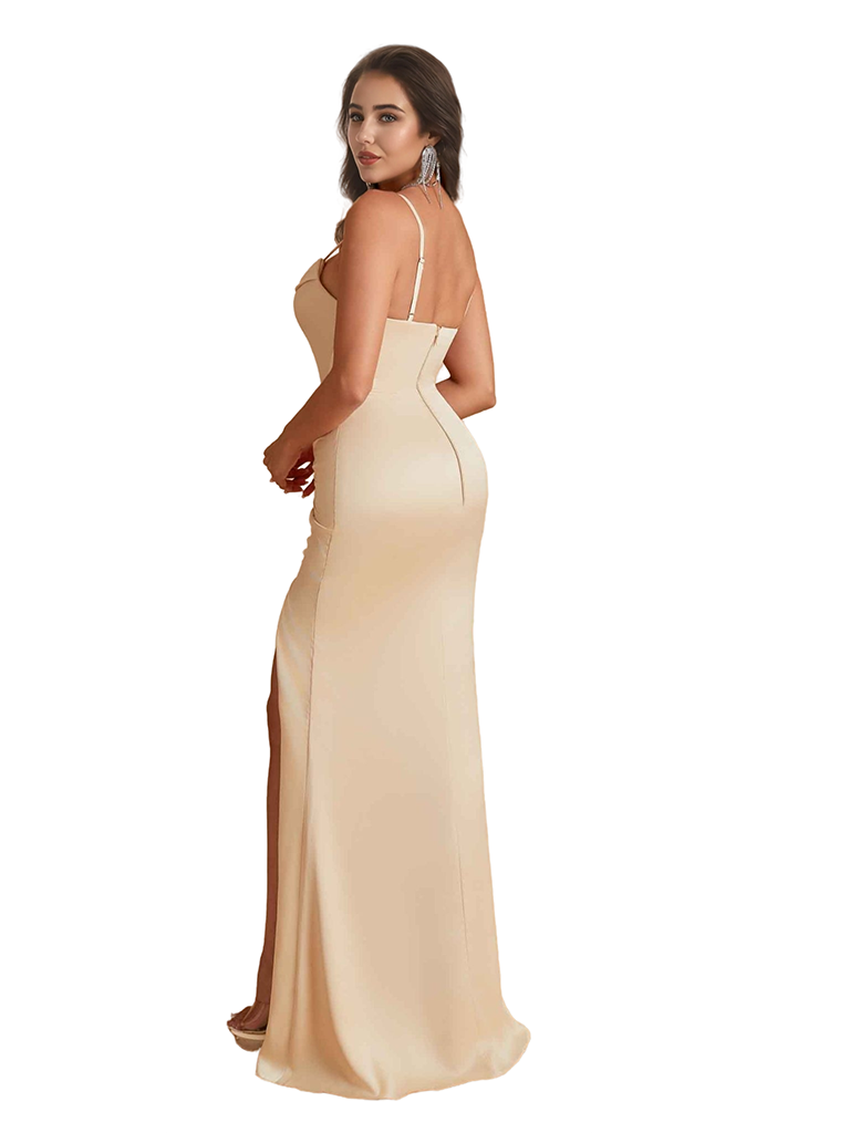 Elegant Mermaid Silky Satin Long Bridesmaid Dresses Online Spaghetti Straps Side Split