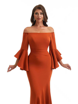 Elegant Bell Sleeves Off The Shoulder Mermaid Stretchy Crepe Long Evening Formal Dress