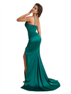 Modern Mermaid Ruched Silky Satin Unique Long Bridesmaid Dresses Slit Spaghetti Straps