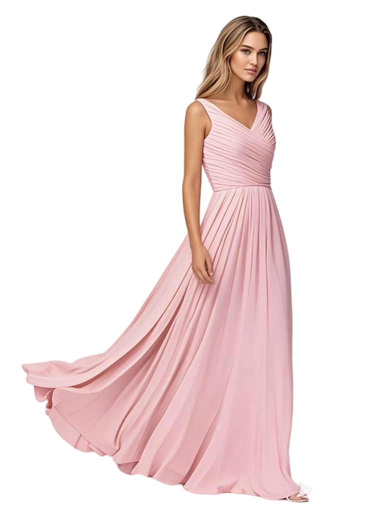 Spaghetti Straps V-Neck A-line Chiffon Long Bridesmaid Dresses