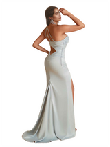 Unique One Shoulder Side Split Mermaid Silky Satin Long Bridesmaid Dresses Online