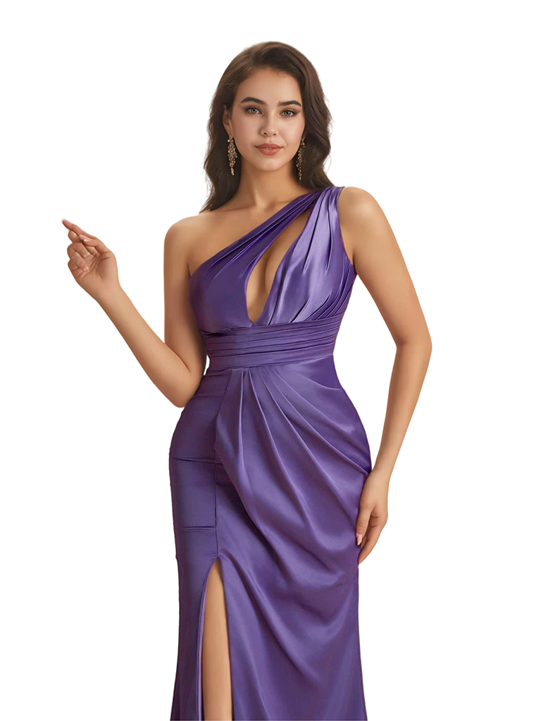 Sexy One Shoulder Mermaid Ruched Satin Unique Long Bridesmaid Dresses Side Split
