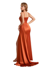 Sexy Spaghetti Straps Cowl Neck Silky Satin Side Split Mermaid Long Bridesmaid Dresses Online
