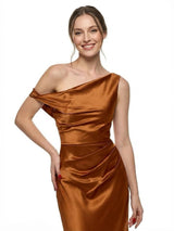 Chicsew Elegant Soft Satin Asymmetrical Formal Dress Ruched High Slit Maxi Gown for Wedding Guest