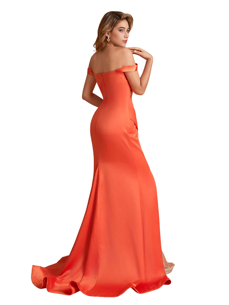 Elegant Off The Shoulder Soft Satin Mermaid Side Slit Long Bridesmaid Dresses Online