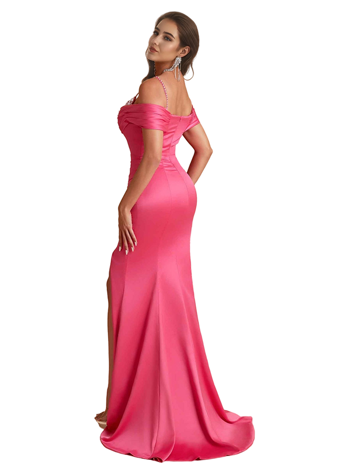 Elegant Cold Shoulder Mermaid Ruched Satin Long Bridesmaid Dresses Online Side Split