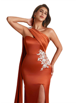 Sexy One Shoulder Lace Unique Satin Mermaid Long Bridesmaid Dresses Side Split
