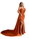 Sexy V-Neck Side Slit Strapless Mermaid Soft Satin Floor-Length Bridesmaid Dresses