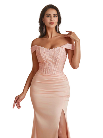 Sexy Off The Shoulder Satin Lace Top Trendy Mermaid Bridesmaid Dresses Online
