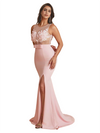 Elegant Two Piece Lace Top Side Split Mermaid Satin Long Bridesmaid Dresses Online