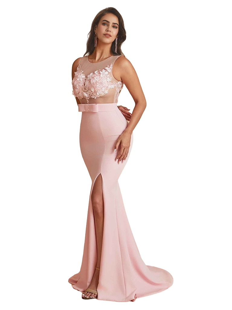 Elegant Two Piece Lace Top Side Split Mermaid Satin Long Bridesmaid Dresses Online