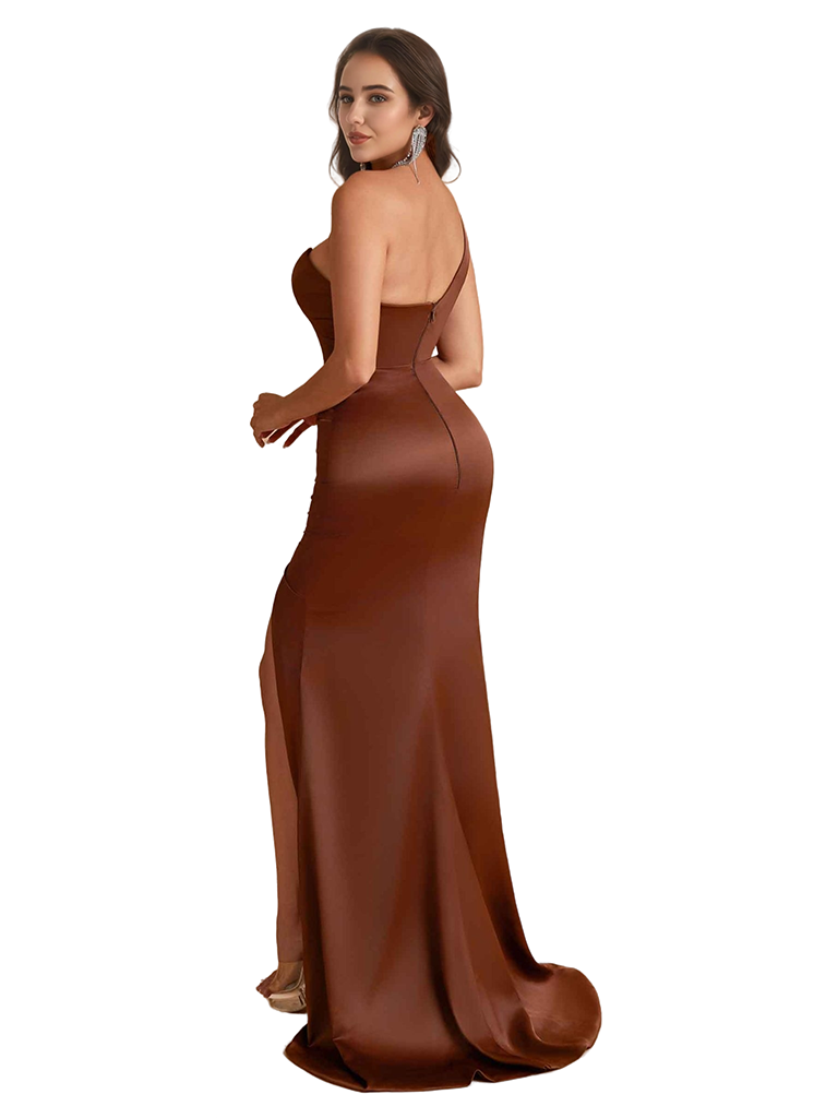 Elegant One Shoulder Silky Satin Mermaid Long Bridesmaid Dresses Side Slit