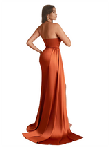 Sexy Mermaid Strapless Silky Satin Long Bridesmaid Dresses Side Slit