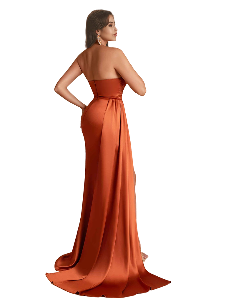 Sexy Mermaid Strapless Silky Satin Long Bridesmaid Dresses Side Slit