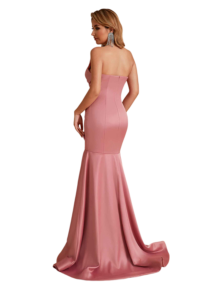 Sexy Silky Satin Sweetheart Mermaid Side Slit Ruched Long Bridesmaid Dresses