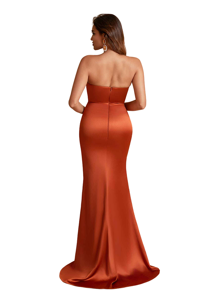 Sexy Mermaid Cowl Neck Ruched Satin Boho Long Bridesmaid Dresses Side Split