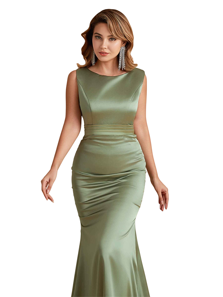 Elegant Silky Satin Bateau Simple Mermaid Pretty Long Bridesmaid Dresses