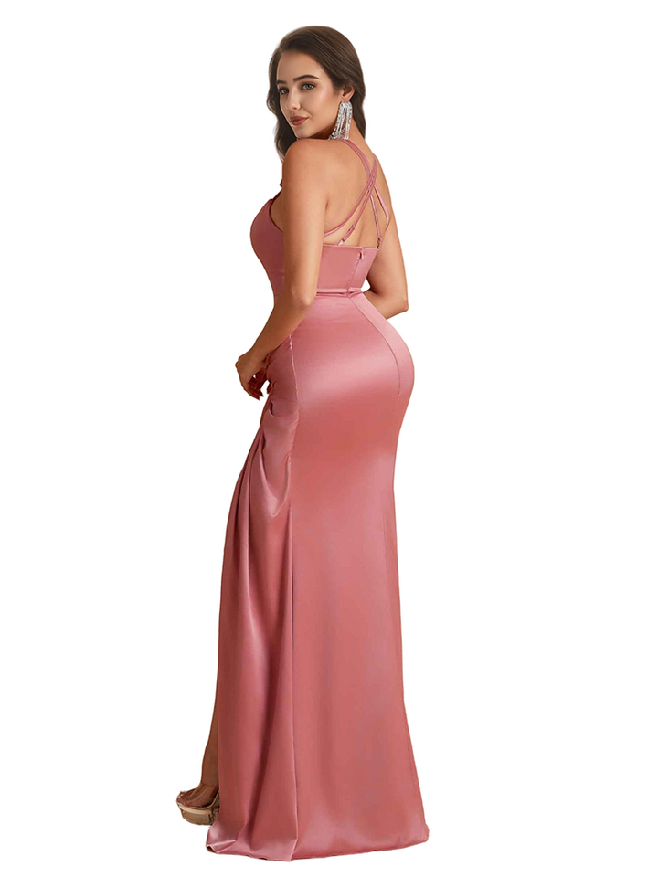 Elegant Mermaid Spaghetti Straps Silky Satin Long Bridesmaid Dresses Online Side Split