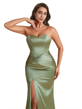 Sexy Strapless Mermaid Ruched Satin Long Bridesmaid Dresses Online Side Split