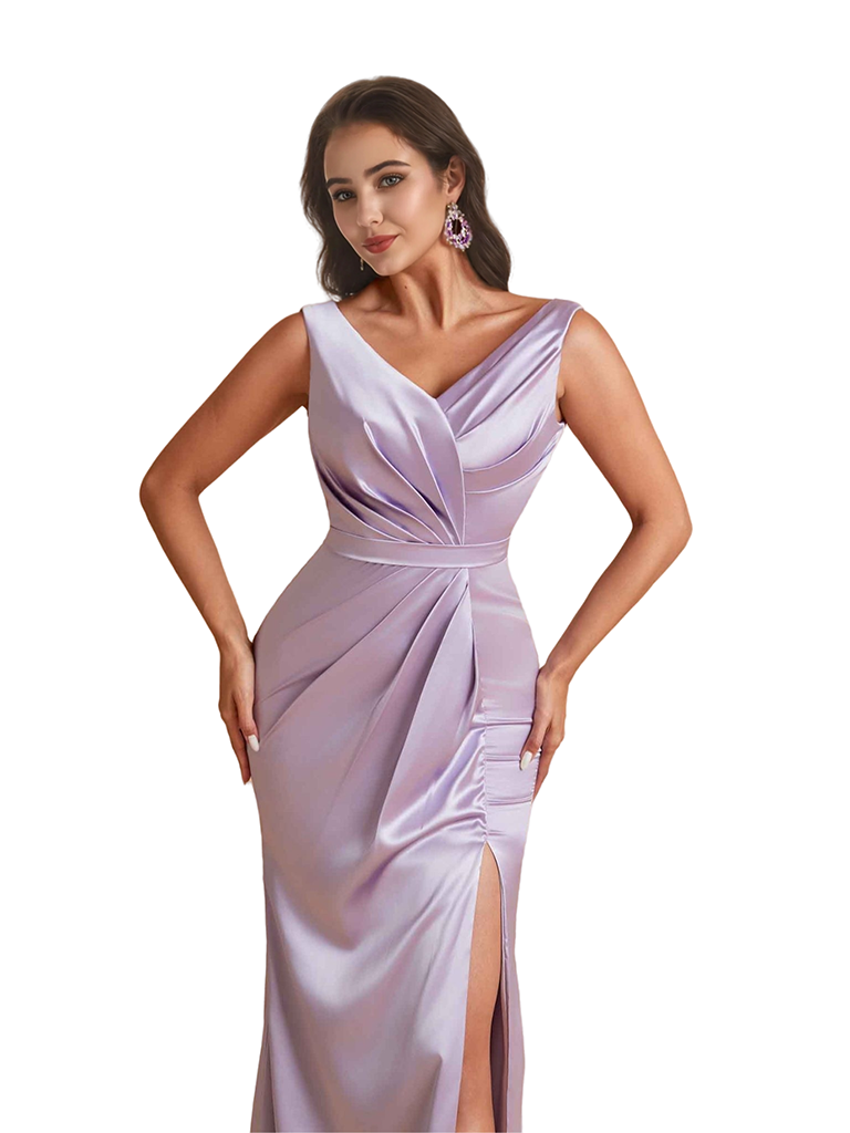 Elegant V-Neck Mermaid Silky Satin Unique Long Bridesmaid Dresses Side Slit