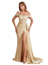 Elegant Silky Satin Off The Shoulder Lace Mermaid Side Slit Long Bridesmaid Dresses Online