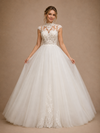ChicSew Elegant High Neck Cap Sleeves Tulle Lace Appliques A-Line Maxi Wedding Dress