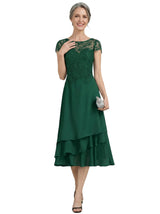 ChicSew Illusion Short Sleeve Lace Overlay Layered Ruffle Chiffon Tea Length Casual Mother Of The Bride And Groom Dresses