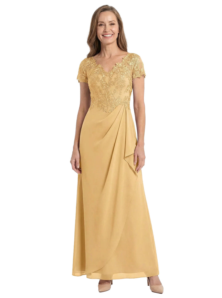 ChicSew V-Neck Short Sleeve Lace Ruched Bodice Ankle Length Chiffon Elegant Mother of the Bride Dresses