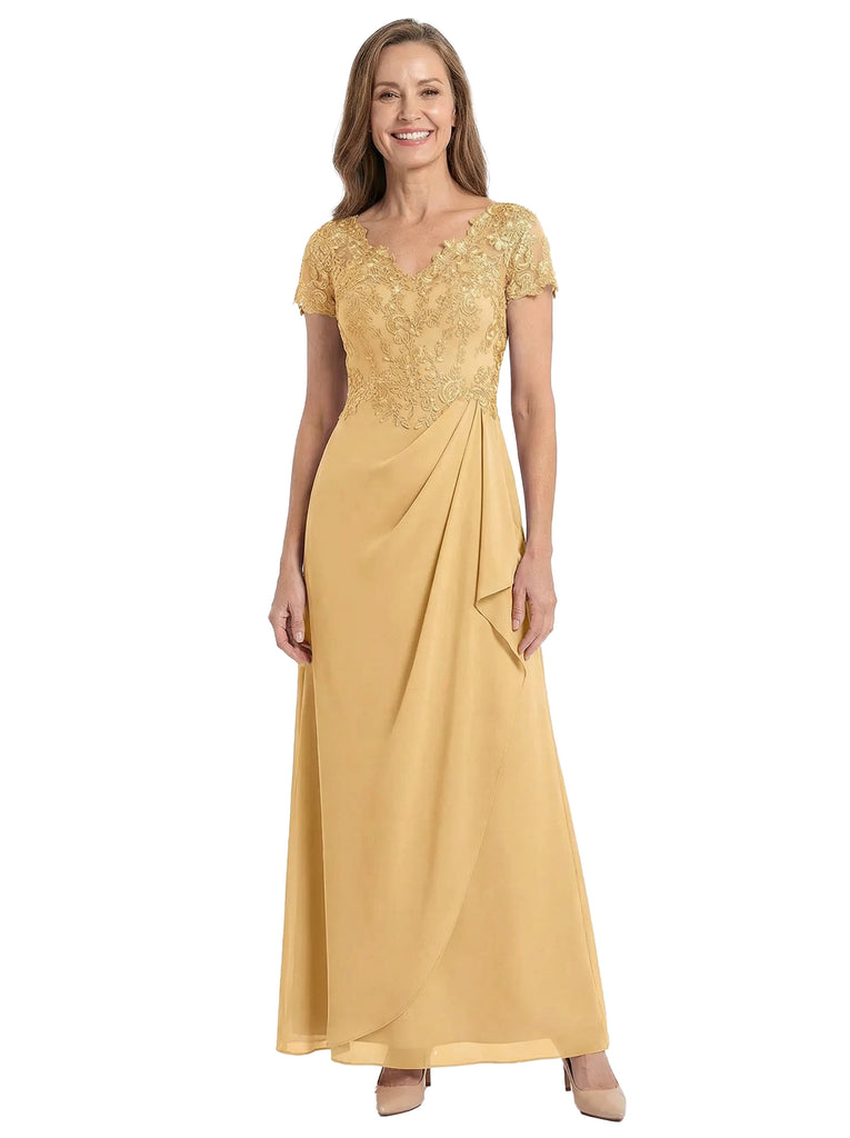 ChicSew V-Neck Short Sleeve Lace Applique Ruched Bodice Ankle Length Chiffon Elegant Mother of the Bride Dresses