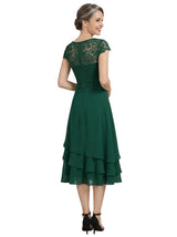 ChicSew Illusion Short Sleeve Lace Overlay Layered Ruffle Chiffon Tea Length Casual Mother Of The Bride And Groom Dresses